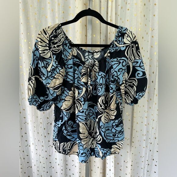 One Papaya Hawaiian Aloha Floral Tropical Leaves On Off Shoulder Peasant Top M - Picture 2 of 5